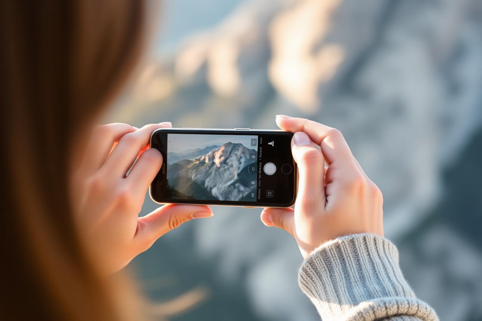 Focení horské krajiny na mobilní telefon, detail rukou držících smartphone