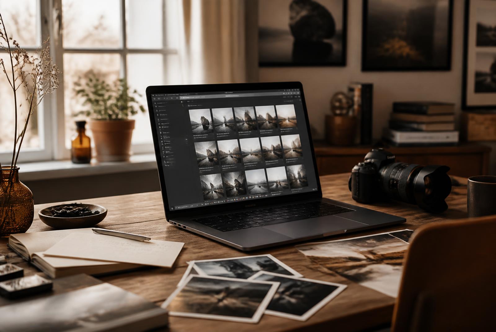 Notebook s rozpracovaným výběrem fotografií, fotoaparát a vytištěné snímky na dřevěném stole