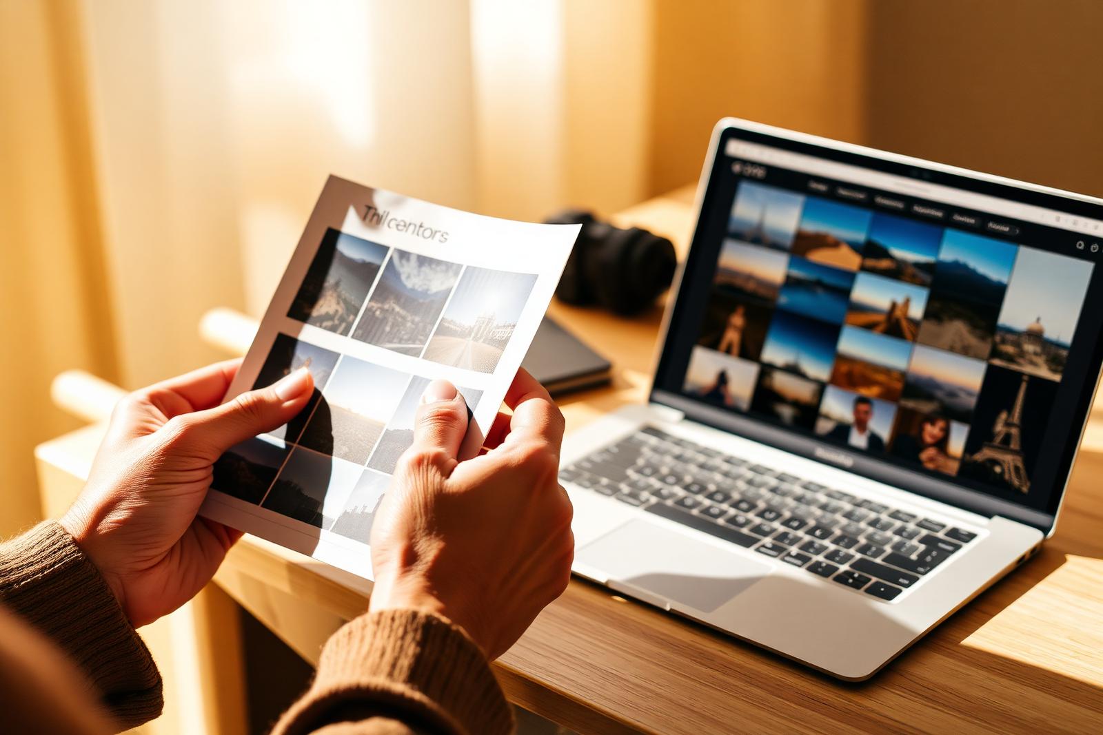 Fotografka drží kontaktní list s fotografiemi a vybírá snímky na notebooku pro nahrání do fotobanky