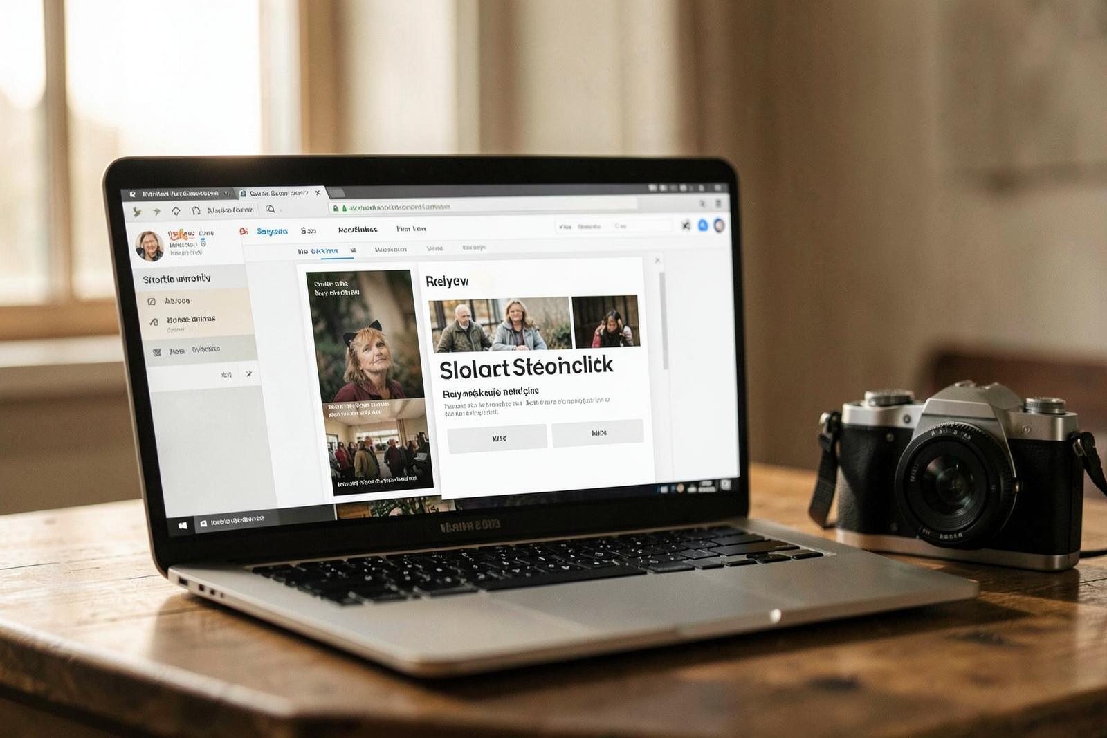 Notebook s otevřeným přehledem nahraných fotografií a fotoaparát na dřevěném stole