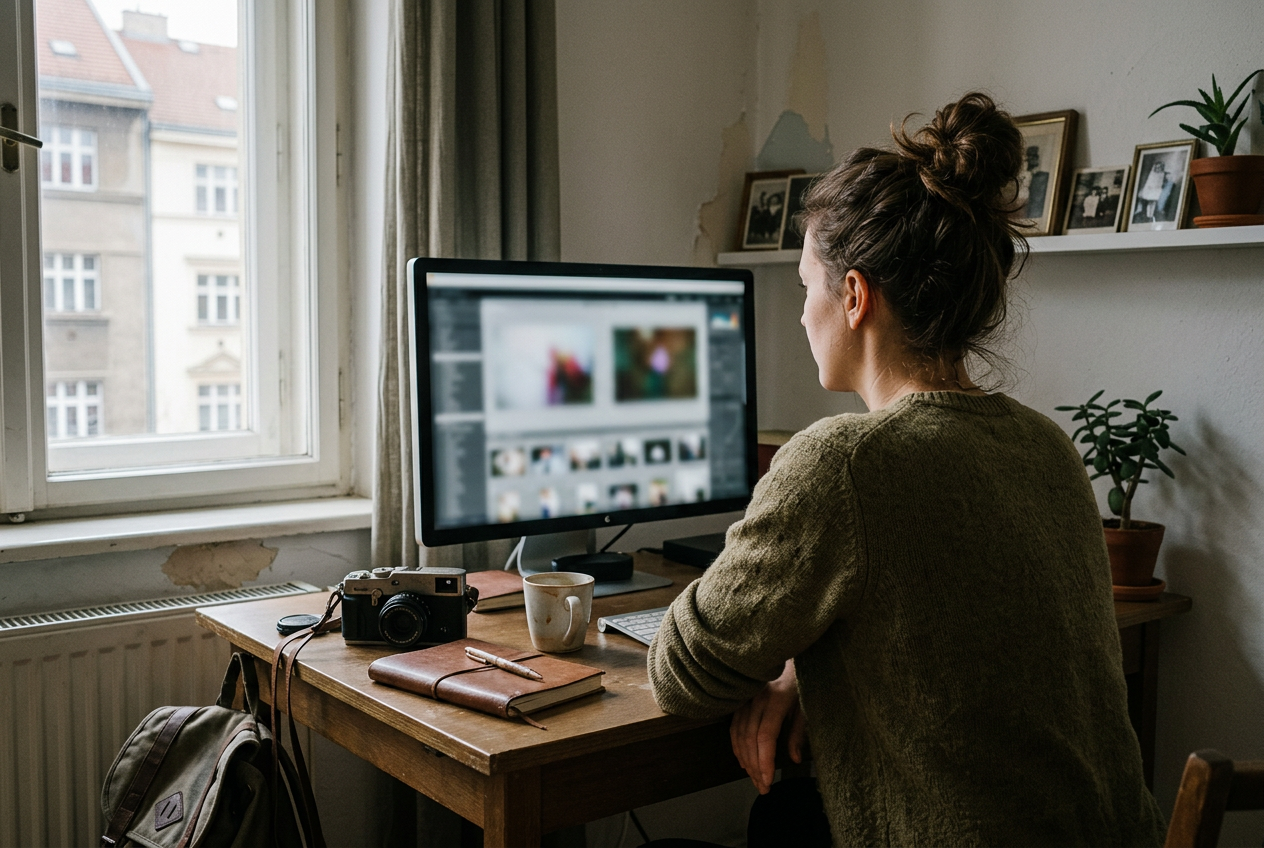 Fotografka prohlíží mřížku svých fotografií na velkém monitoru u okna